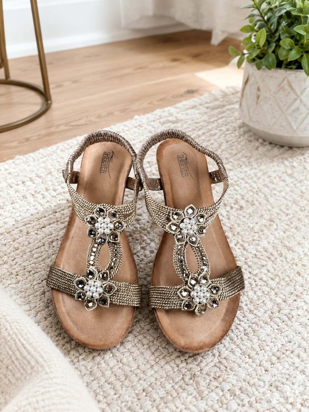 SHIBEVER Champagne Rhinestone Low Wedge Sandals Elastic Strap Women’s EU 40